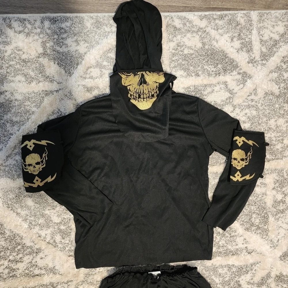 Gold Skull Ninja Warrior Halloween Costume Cosplay Child's Size 8-10 Unisex EUC